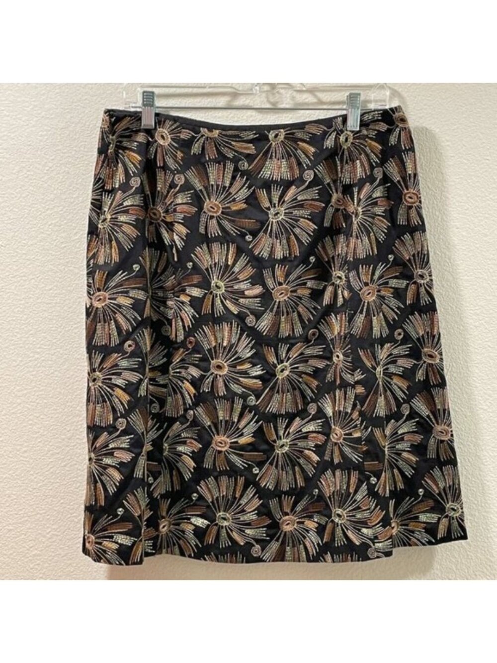Talbots Vintage Black Gold Metallic Starburst Embroidered A-Line Skirt 12 EUC